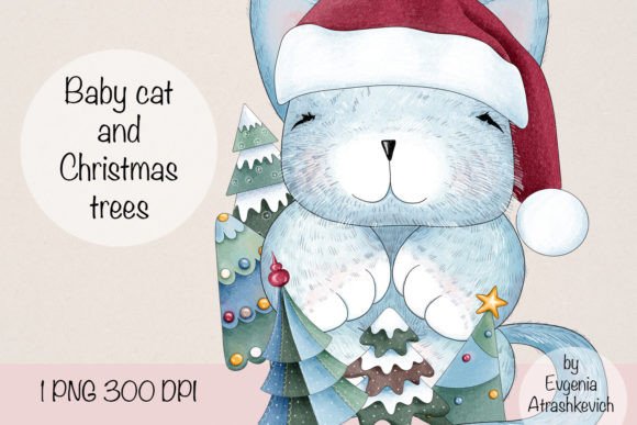 Baby Cat and Christmas Trees Illustrations for Crafting