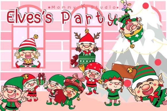 Christmas Elves Party Illustrations for Digital Selling