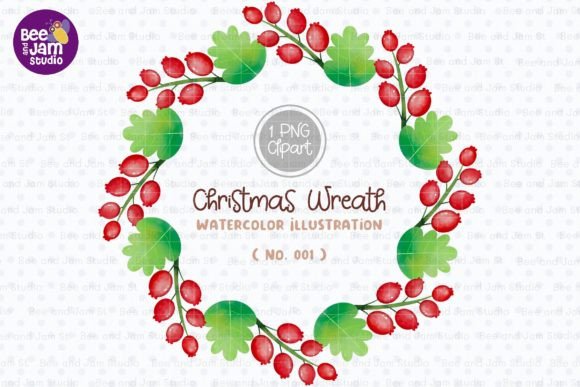 Christmas Wreath Watercolor PNG-001 Illustrations