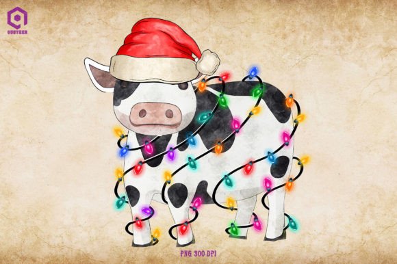 Cow Christmas Tree Lights Illustrations
