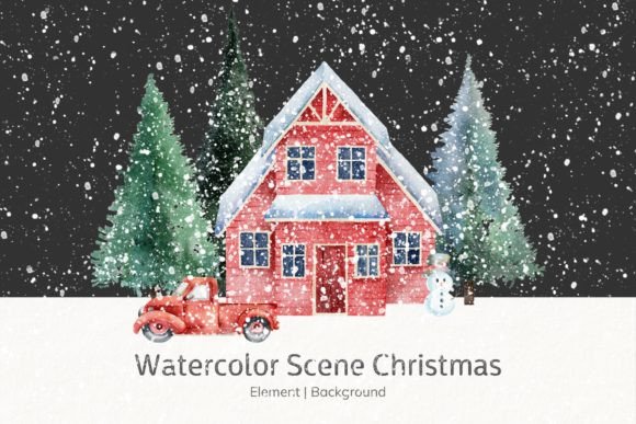 Watercolor Scene of a Christmas House Illustrations